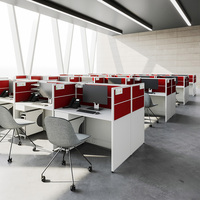 Poste de travail de bureau face à face pour 4 personnes avec cloison en tissu rouge haut de gamme, tiroir et prise de courant au sol pour centre d'appels