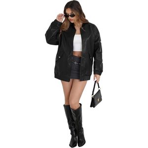 FOXA Women Faux Leather <b>Bomber</b> <b>Jacket</b> Oversized Windproof Full Sleeve Winter Coat Fashion Outerwear - Product Image 3