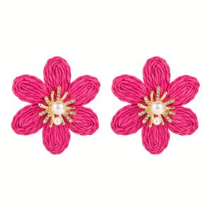 Fashion Hand-Woven Raffia Vacation Style Alloy Rhinestone Pearl Flower Ear Studs <b>Earrings</b> - Product Image 6