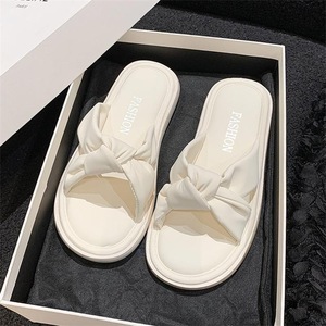 Elegant Cream PU Slides With Bow <b>Decoration</b> Flat Heel Open Toe Slip-On <b>Summer</b> Women's Sandals Comfortable EVA Sole - Product Image 3