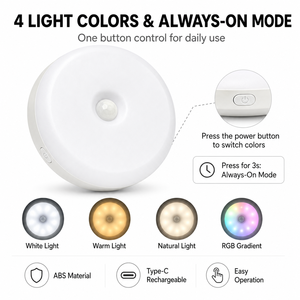 Rechargeable Motion <b>Sensor</b> Night <b>Light</b> PIR LED Lamp with 4 Colors RGB Gradient Magnetic Base Type-C Charging for Bedroom Closet - Product Image 3