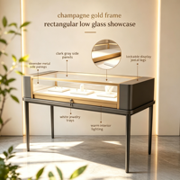 Vitrine à bijoux rectangulaire à profil bas, cadre or champagne, verre trempé, tiroir verrouillable, panneau latéral gris foncé, design fin