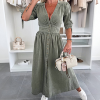 Damen V-Ausschnitt Midikleid mit hoher Taille, Knopfleiste vorne, Denim A-Linien-Rock mit Schlitz, lässig für den Alltag, Kaffeefarben, figurschmeichelnd, bequem