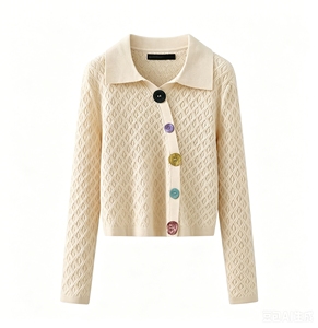 <span class=keywords><strong>Cardigan</strong></span> en tricot pour <span class=keywords><strong>femme</strong></span> à col polo et manches longues, texture losanges, boutons colorés, faible MOQ, personnalisable - Product Image 2
