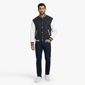 <b>Men's</b> Wool Blend Varsity <b>Jacket</b> Black <b>White</b> Solid Color Stand Collar Regular Fit Casual Style Winter Wear Breathable Cotton - Product Image 1