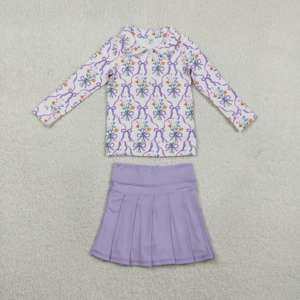 GLD1416 rts Ensemble jupe athlétique pour fille, motif fleurs et nœuds violets, tenue de yoga pour enfant, vente en gros - Product Image 1