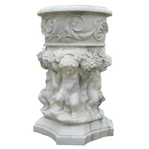 白い大理石天然石装飾子供像植木鉢