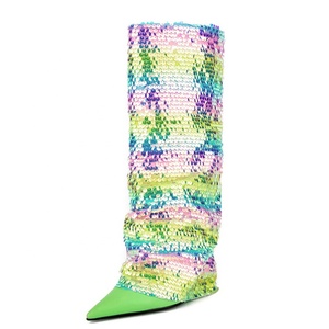 Shiny Paillette Women's Knee High <b>Boots</b> High Wedge Heels Overlay Shoes Pointy Toe on Long Booties Custom Colors - Product Image 3