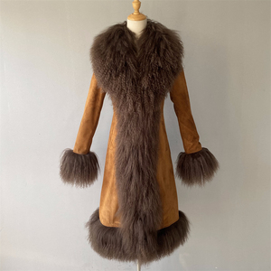 Luxury Natural <strong>Lambskin</strong> <strong>Leather</strong> Trench Coat Long Style Real Mongolian Fur Collar Cuffs Women Soft Genuine Suede <strong>Leather</strong> <strong>Jacket</strong> - Product Image 3