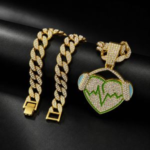 Collier Pendentif Cœur Casque Audio Hip Hop Iced Out en Alliage Bling, Breloque Amour Musique, Chaîne Unisexe, Bijoux Street <span class=keywords><strong>Rap</strong></span>, Vente en Gros - Product Image 6