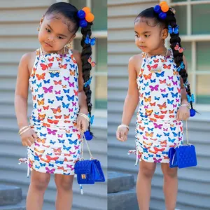 여름 유아 아기 소녀 의류 패션 캐주얼 민소매 drawstring 나비 인쇄 슬링 드레스
