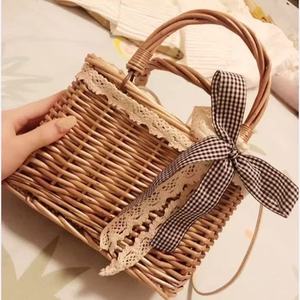 <b>Straw</b> Woven Handbag With Lace Trim And Checkered Bow Bohemian Style Summer Women's <b>Bag</b> Two Handles Open Closure - Product Image 1