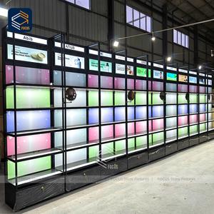 Vitrine de magasin de détail personnalisée pour cosmétiques, cadre en métal noir, étagère en verre rétroéclairée par LED - Product Image 4