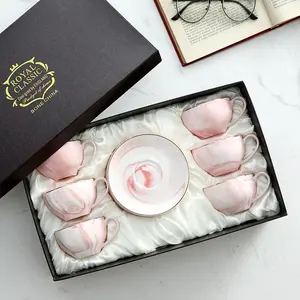 Wholesale Tea Cup Set Of 6 Marble Coffee cup and Sacuer Pink Tea Set with Gift Box