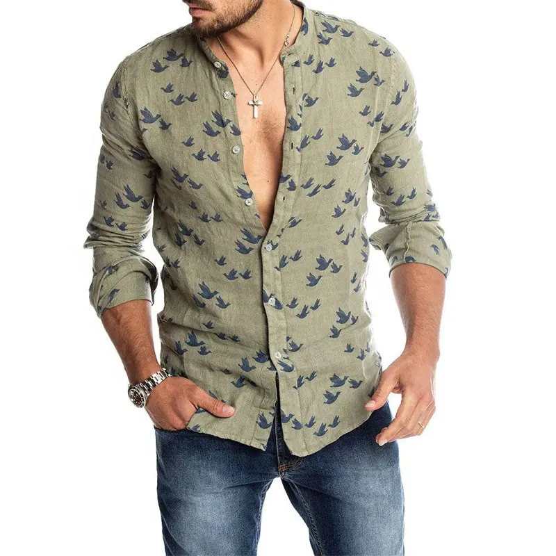 Summer Hawaiian Slim Fit Long Sleeve Beach Shirts Stand Collar Bird Print Solid Color Shirts Casual Long Sleeve Shirts for Men