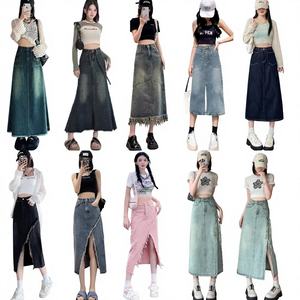 Nueva Falda vaquera informal retro para mujer al por mayor con decoración de botones Falda vaquera larga de color sólido - Product Image 1