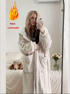 P330 Combinaison à capuche en polaire pelucheuse pour femme, manches longues, chaleur hivernale avec poches, vêtements de détente et vêtements de nuit confortables, robe en polaire douce - Product Image 4