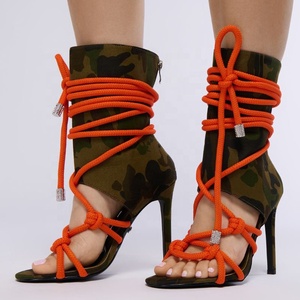 Women's Camouflage Rope Lace up Short Boots Back Zipper Strings Knotted Ankle Boots Thin High Heels Sandals Stiletto <b>Shoes</b> - Product Image 1
