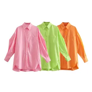 Women's 2022 Summer New Fashion Two Tone Silk Shirt Retro Long Sleeve Button Blouse Blusas Chic Top