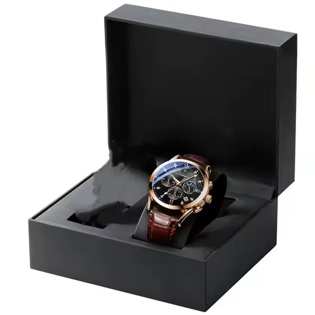 Men's Sport Quartz Stainless Steel Case Watch Pointer Waterproof Luminous Calendar Factory Hot Sale-Black Brown Genuine Leather