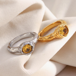 Stainless Steel Irregular Hammered Texture <b>Ring</b> 18K Gold Plated Yellow Zircon Inlay Vintage <b>Statement</b> Finger <b>Ring</b> For Women - Product Image 6