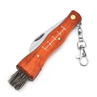 Couteau à champignons pliant en acier inoxydable 3Cr13 avec manche en bois, brosse de nettoyage et porte-clés pour activités de plein air