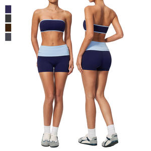 Conjunto Deportivo de 2 Piezas para Mujer, Top Corto sin Tirantes, Pantalones Cortos de Cintura Alta, a Rayas, Transpirable, de Poliéster Tejido, para Primavera/Verano - Product Image 1