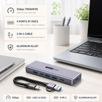 Hub USB 4 en 1 5 Gbps USB 3.0 Gen1 en alliage d'aluminium avec 2 ports USB-A et 2 ports Type-C avec câble détachable pour ordinateur portable PC Vente en gros