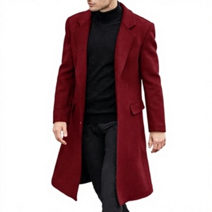 Manteau long élégant pour homme en mélange de laine, rouge uni, col à revers, manches longues, vêtement d'extérieur d'hiver, chaud et confortable, ouvert sur le devant - Product Image 1
