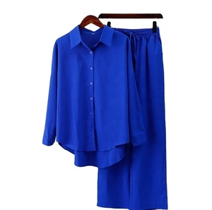 Nouvel ensemble décontracté pour femme : chemise ample à manches longues et pantalon large, motif uni et décoration vintage - Product Image 3