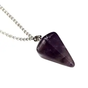 Natural Stone Hexagonal Columns Powder Amethyst Pendant Necklace Tapered Pendulum Crystal Lady Necklace