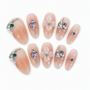 Uñas Postizas Acrílicas con Brillo Rosa, Diseño de Flores con Perlas y Diamantes de Imitación, 10 Piezas para Mujer - Product Image 3