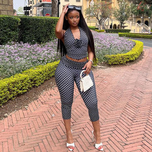 Nuovo <span class=keywords><strong>Completo</strong></span> Autunnale da Donna Due Pezzi con Stampa a Pois Top Senza Maniche con Scollo a V e Schiena Scoperta e Pantaloni Casual - Product Image 2