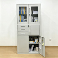 Armoire de classement en acier non assemblée, verrouillable, avec 3 tiroirs et portes battantes en verre – Meuble de rangement métallique pour documents de bureau