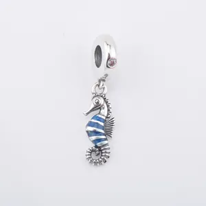 Wholesale Sterling silver 925 jewelry enamel hippocampus dangle charm for pan bracelet & bangle making
