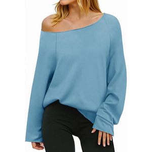 Tunique pour femme à épaules dénudées, manches longues, légère, coupe oversize, bleue, asymétrique, en jersey respirant - Product Image 1