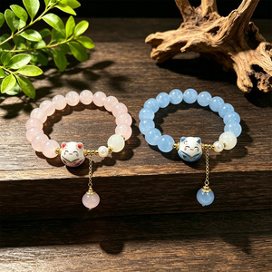 Bracelet en perles de cristal de quartz <span class=keywords><strong>rose</strong></span> pour femmes, pendentif chat porte-bonheur <span class=keywords><strong>Maneki</strong></span> <span class=keywords><strong>Neko</strong></span>, 10 mm, extensible - Product Image 1