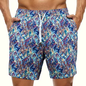 Super Stretch Material Men Swim Trunks Quick Dry Swimwear Beachwear Summer Shorts Woven Fabric With Compression Liner 7 Inches