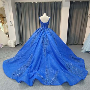 Vestido de Quinceañera Moderno Azul Brillante con Hombros Descubiertos, Lentejuelas, Sin Mangas, Encaje y Cuentas, Cola de Capilla Lsany230 para Maternidad - Product Image 6