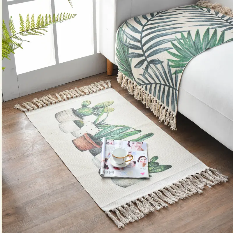 60*90cm Boho Geométrica Planta Flor Animal Impresso Tapete Decorativo Corda de Algodão Mão Tecida Tapete com Borlas