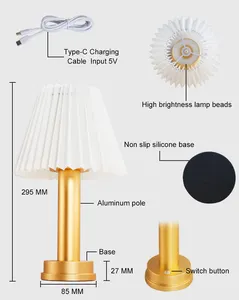 Hot Sale Nordic Decorative Hotel Living Room Restaurant Bedside Cordless Rechargeable Pleated Fabric Shade Led Table Lamp