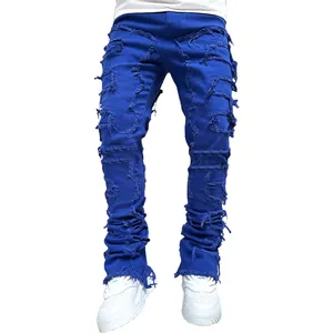 Jeans sobek untuk pria, jeans denim merek ungu gaya jalanan 2024