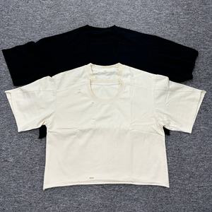 Fabricantes de ropa al por mayor cuello doble Casual Boxy Drop Shoulder Blank Plain Curling desgastado recortado Boxy Fit camiseta - Product Image 2