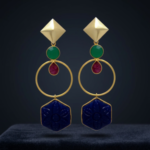 Nouvelle Arrivée Boucles d'Oreilles Pendantes Ethniques de Mariage et de Fiançailles en Onyx Vert et Rubis avec Clous en Diamant - Product Image 2