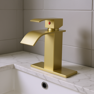 Grifo de Lavabo Monomando Dorado con Caño en Cascada, Diseño Moderno, Acabado Cepillado, Instalación de un Solo Orificio - Product Image 2