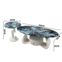 Table basse en pierre microcristalline avec cadre métallique, style luxe moderne, espace de rangement, design incurvé pour petit appartement