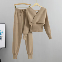 Costume de mode femmes nouveau pull à manches longues facile ample ensemble deux pièces longueur au genou