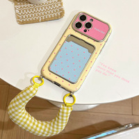 Coque de téléphone anti-chute en TPU gaufré à pois jaunes avec lanière et porte-cartes, grande fenêtre pour Apple 16 17 18 Pro Max 15 14