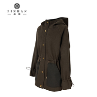 Parka en laine mélangée marron foncé pour femme avec capuche, taille ajustable par cordon de serrage, poches contrastantes, manteau d'hiver décontracté