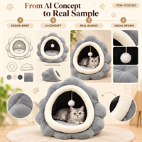 Lit pour chat rond en peluche courte grise et crème Yangyangpet avec jouet à suspendre en forme de balle